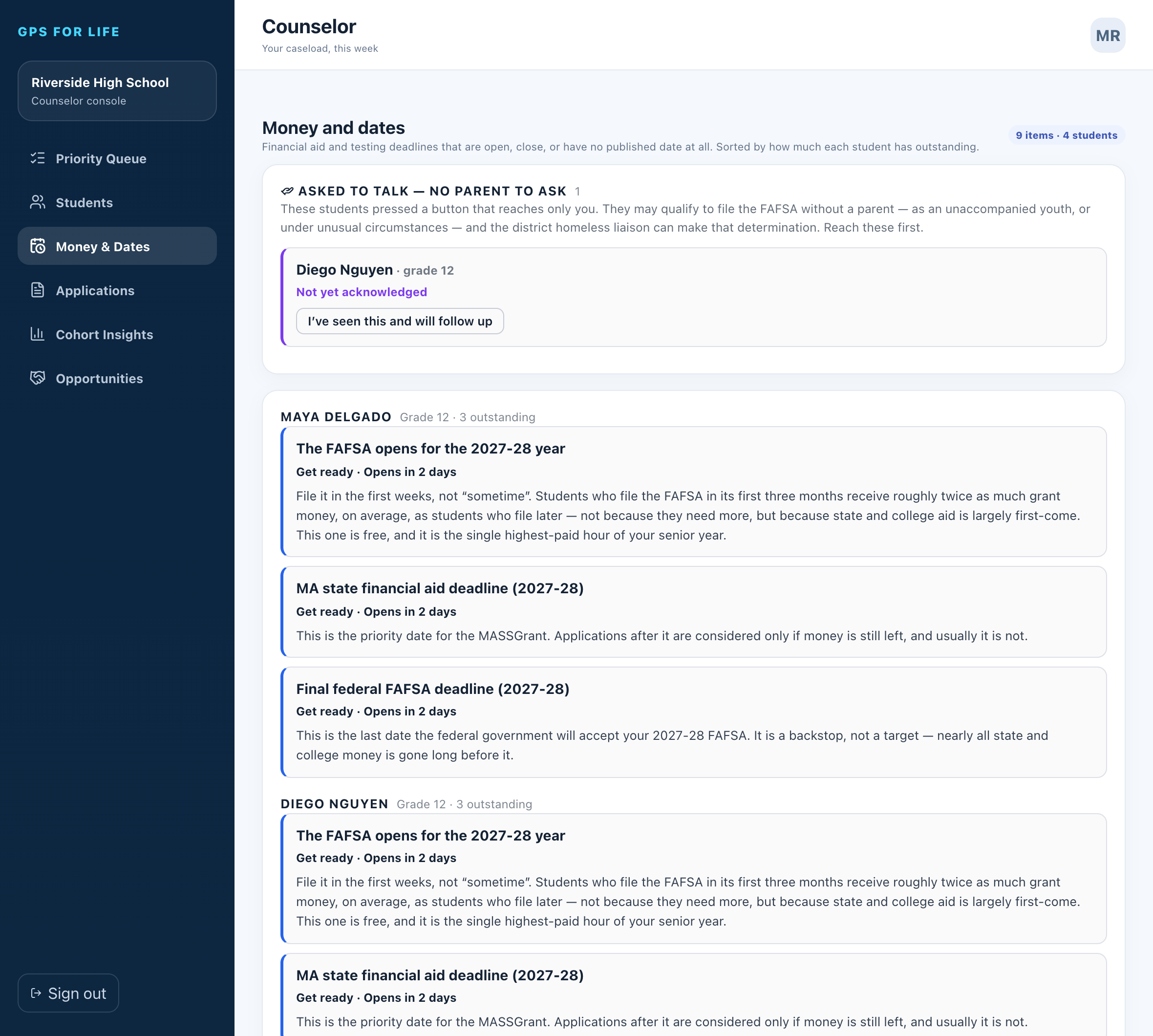 The counselor console's Money and dates screen for a demo caseload of four students: one senior who has said there is no parent to ask, then every open aid or testing deadline for each student, most outstanding first.